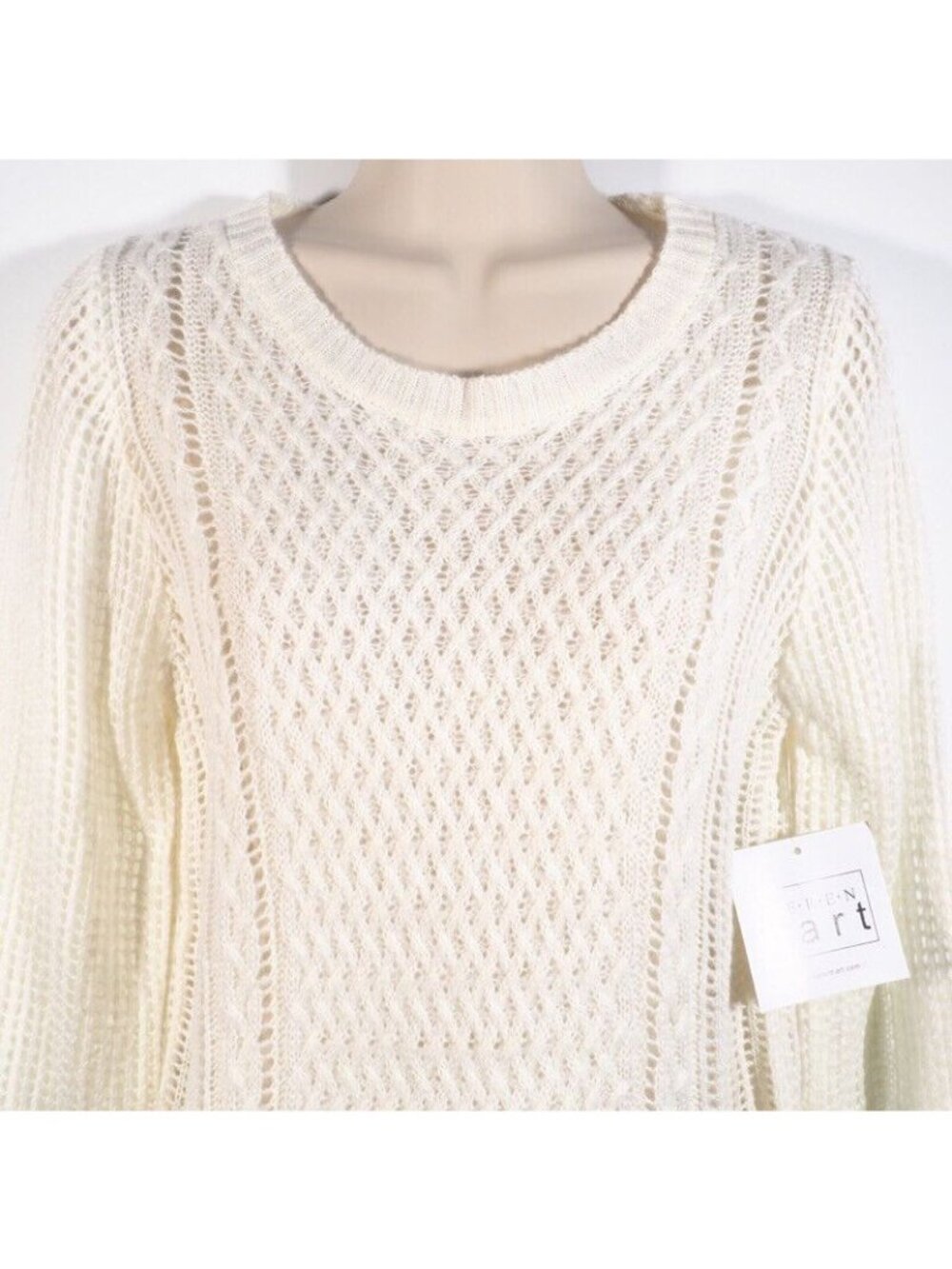 Keren Hart Womens Sweater SIze M Crocheted Ivory Crew Neck Bell Long Sleeve - Picture 2 of 10